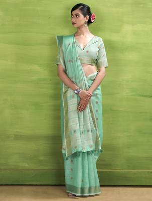 Women's turquoise linen silk blend woven saree with unstitched silk blend blouse piece 2