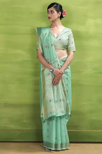 Women's turquoise linen silk blend woven saree with unstitched silk blend blouse piece