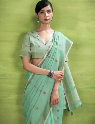 Women's turquoise linen silk blend woven saree with unstitched silk blend blouse piece 3