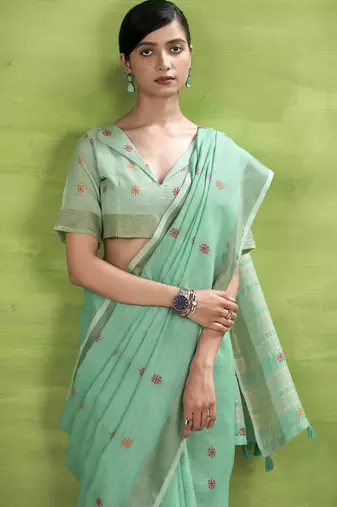 Women's turquoise linen silk blend woven saree with unstitched silk blend blouse piece