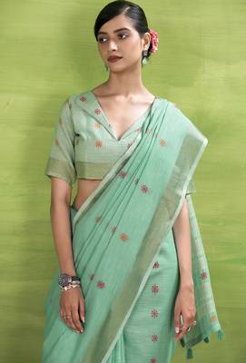 Women's turquoise linen silk blend woven saree with unstitched silk blend blouse piece 4