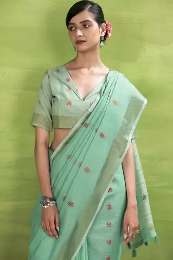 Women's turquoise linen silk blend woven saree with unstitched silk blend blouse piece