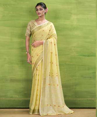 Women's yellow linen silk blend woven saree with unstitched silk blend blouse piece 1