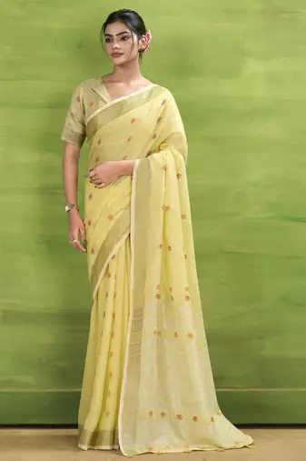 Women's yellow linen silk woven saree with unstitched silk blouse piece