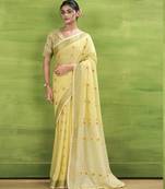 Women's yellow linen silk woven saree with unstitched silk blouse piece