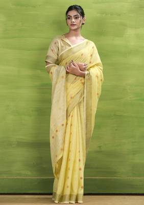 Women's yellow linen silk blend woven saree with unstitched silk blend blouse piece 2