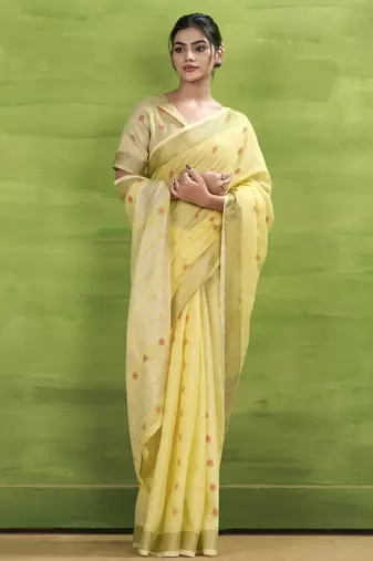 Women's yellow linen silk blend woven saree with unstitched silk blend blouse piece