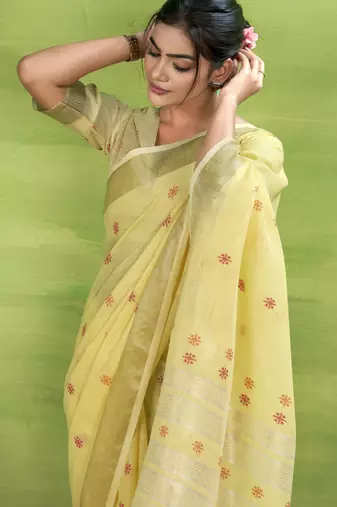 Women's yellow linen silk blend woven saree with unstitched silk blend blouse piece