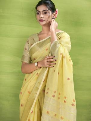 Women's yellow linen silk blend woven saree with unstitched silk blend blouse piece 4