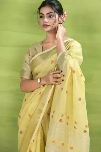 Women's yellow linen silk blend woven saree with unstitched silk blend blouse piece