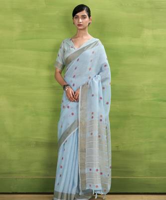 Women's blue linen silk blend woven saree with unstitched silk blend blouse piece 1