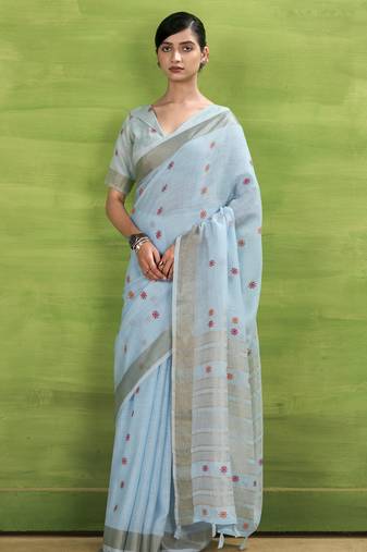 Women's blue linen silk woven saree with unstitched silk blouse piece
