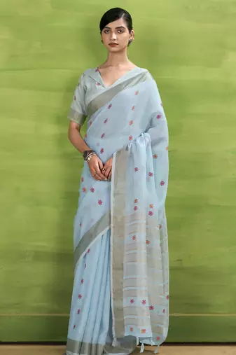 Women's blue linen silk woven saree with unstitched silk blouse piece