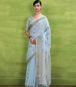 Women's blue linen silk woven saree with unstitched silk blouse piece