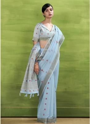 Women's blue linen silk blend woven saree with unstitched silk blend blouse piece 2