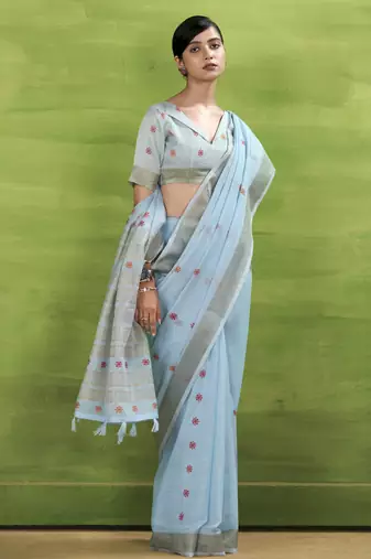 Women's blue linen silk blend woven saree with unstitched silk blend blouse piece