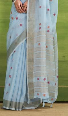 Women's blue linen silk blend woven saree with unstitched silk blend blouse piece 3
