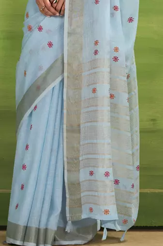 Women's blue linen silk blend woven saree with unstitched silk blend blouse piece