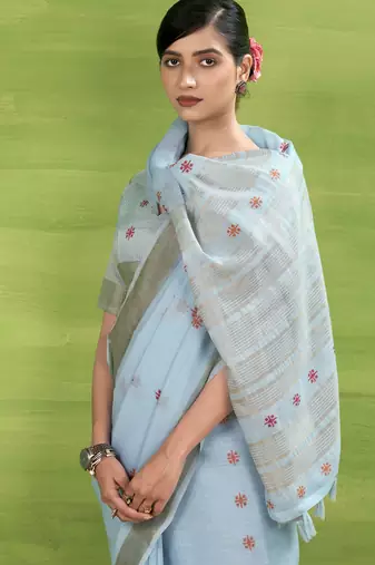 Women's blue linen silk blend woven saree with unstitched silk blend blouse piece