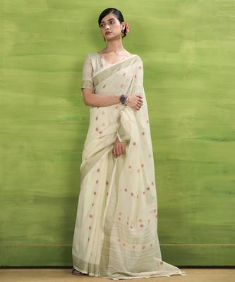 Women's cream linen silk blend woven saree with unstitched silk blend blouse piece 1