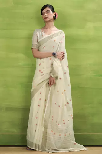 Women's cream linen silk woven saree with unstitched silk blouse piece