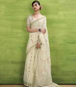 Women's cream linen silk woven saree with unstitched silk blouse piece