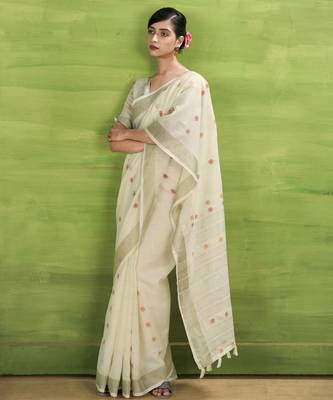Women's cream linen silk blend woven saree with unstitched silk blend blouse piece 2