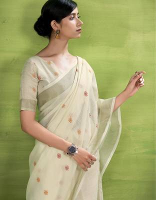 Women's cream linen silk blend woven saree with unstitched silk blend blouse piece 3