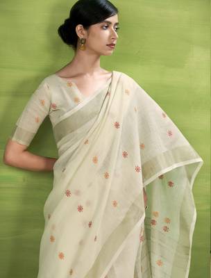 Women's cream linen silk blend woven saree with unstitched silk blend blouse piece 4