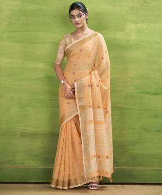 Women's orange linen silk blend woven saree with unstitched silk blend blouse piece 1
