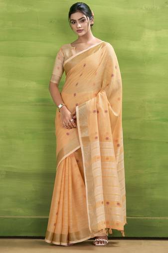 Women's orange linen silk woven saree with unstitched silk blouse piece