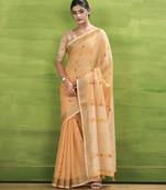 Women's orange linen silk woven saree with unstitched silk blouse piece