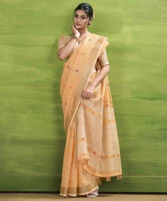 Women's orange linen silk blend woven saree with unstitched silk blend blouse piece 2