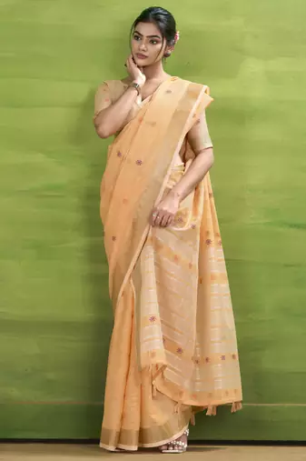 Women's orange linen silk blend woven saree with unstitched silk blend blouse piece