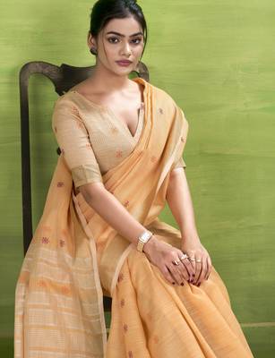 Women's orange linen silk blend woven saree with unstitched silk blend blouse piece 3