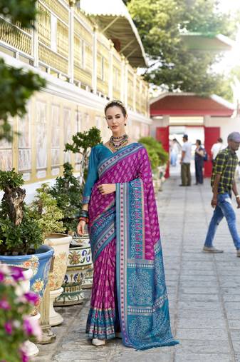 magenta soft ikat printed silk blend saree with unstitched blouse piece