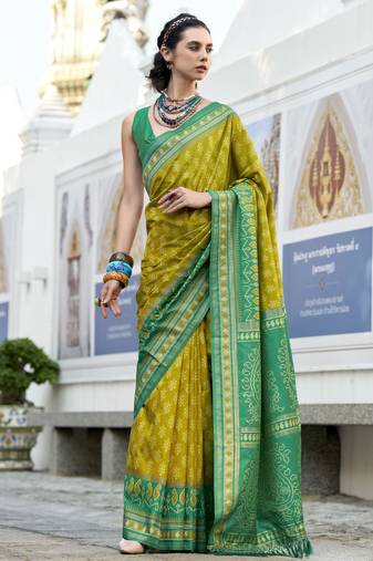 neon soft ikat printed silk blend saree with unstitched blouse piece