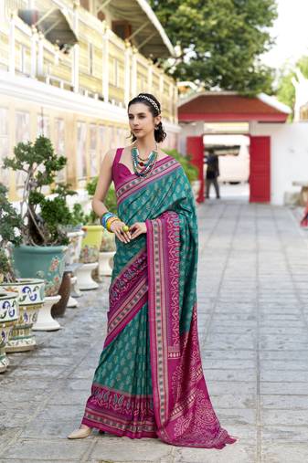 teal soft ikat printed silk blend saree with unstitched blouse piece