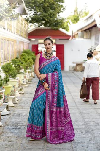 blue soft ikat printed silk blend saree with unstitched blouse piece