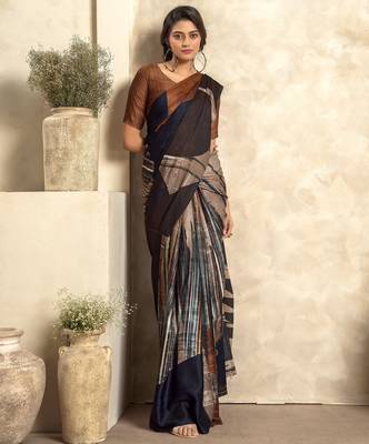 Women's black satin crepe printed saree with unstitched silk blouse piece 1