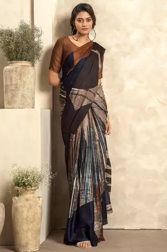 Women's black satin crepe printed saree with unstitched silk blouse piece