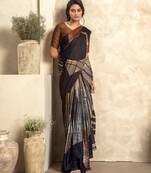 Women's black satin crepe printed saree with unstitched silk blouse piece