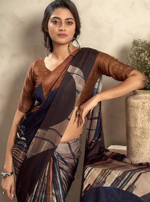 Women's black satin crepe printed saree with unstitched silk blouse piece 2