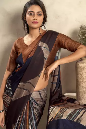 Women's black satin crepe printed saree with unstitched silk blouse piece