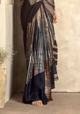 Women's black satin crepe printed saree with unstitched silk blouse piece 3