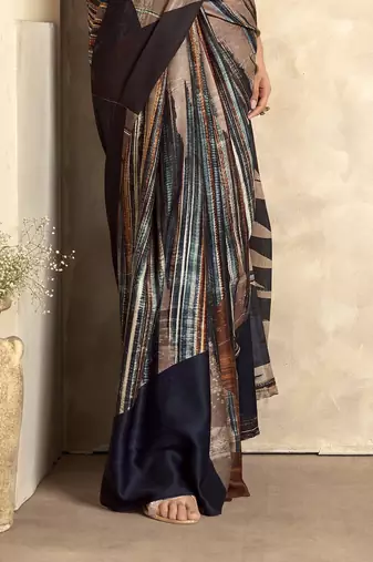 Women's black satin crepe printed saree with unstitched silk blouse piece