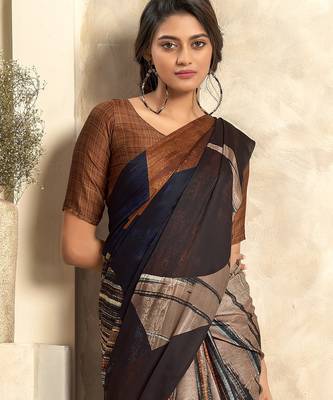 Women's black satin crepe printed saree with unstitched silk blouse piece 4