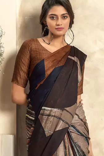 Women's black satin crepe printed saree with unstitched silk blouse piece