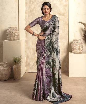 Women's lavender satin crepe printed saree with unstitched silk blend blouse piece 1