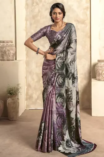 Women's lavender satin crepe printed saree with unstitched silk blouse piece